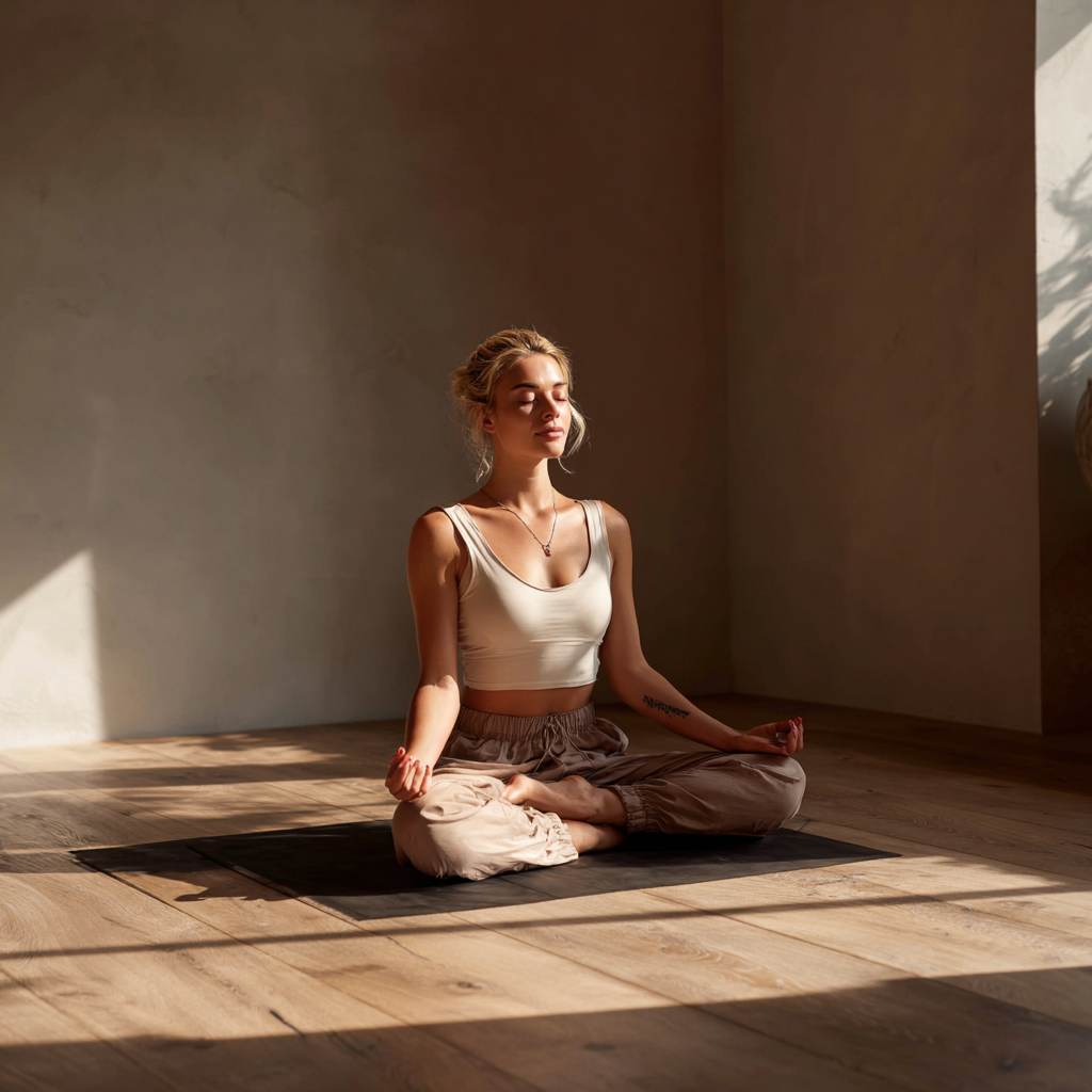 Frau praktiziert Yoga bei Sonnenaufgang